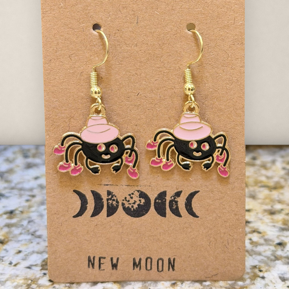 Spider in a Pink Hat Drop Earrings