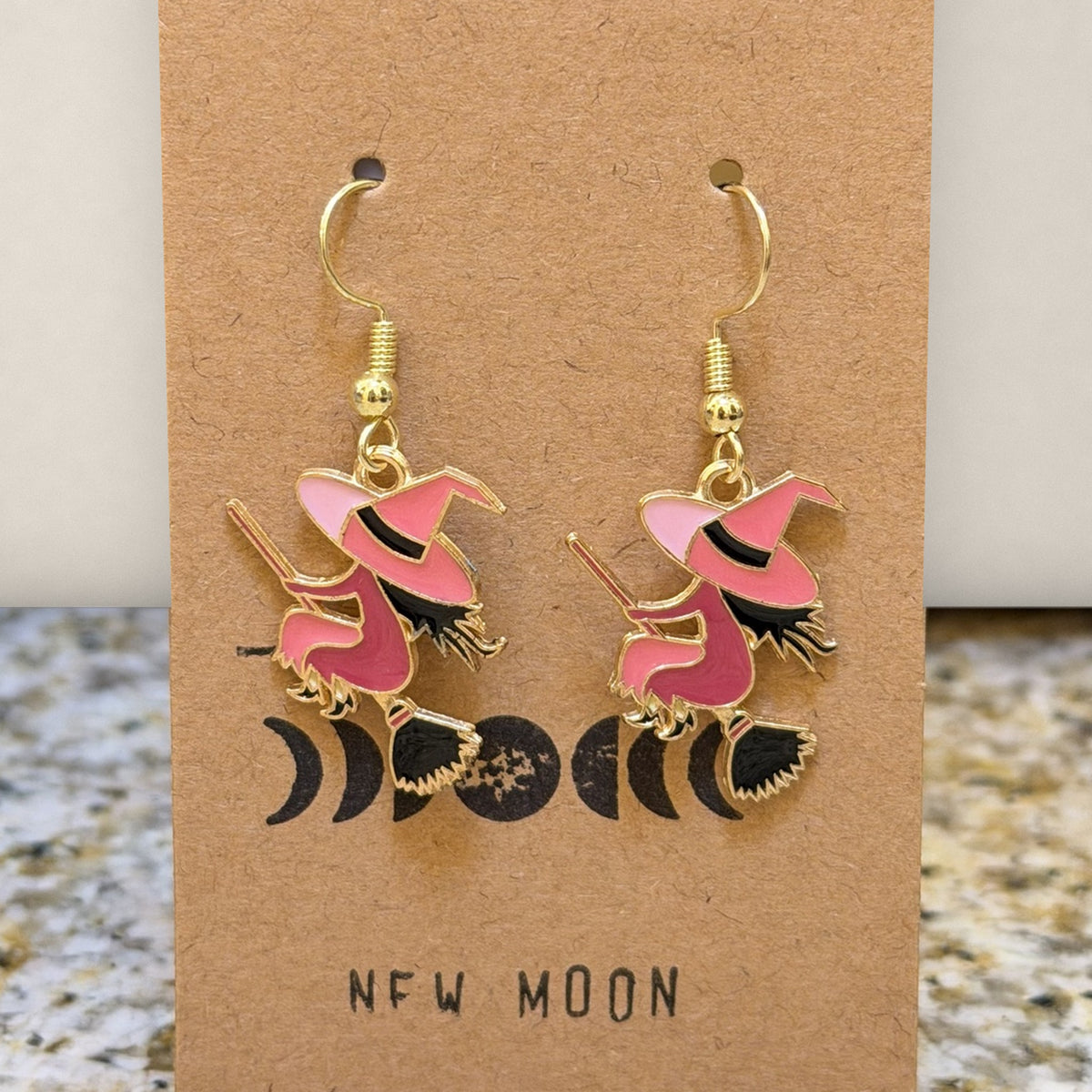 Pink Flying Witch Drop Earrings