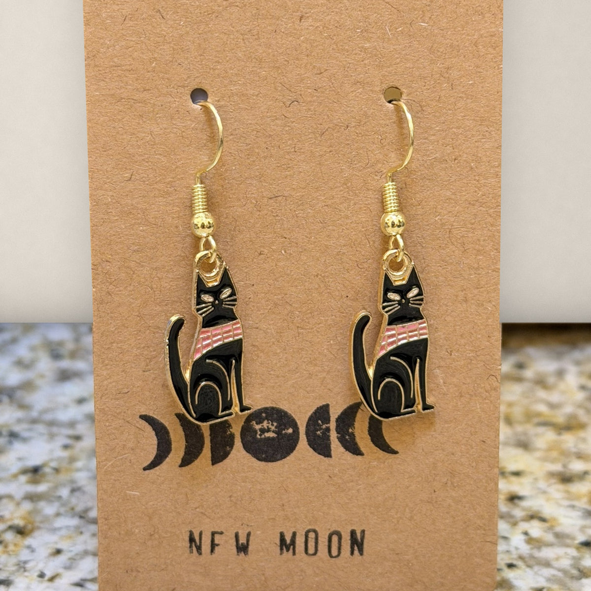 Black Cat with Pink Collar Drop Earrings